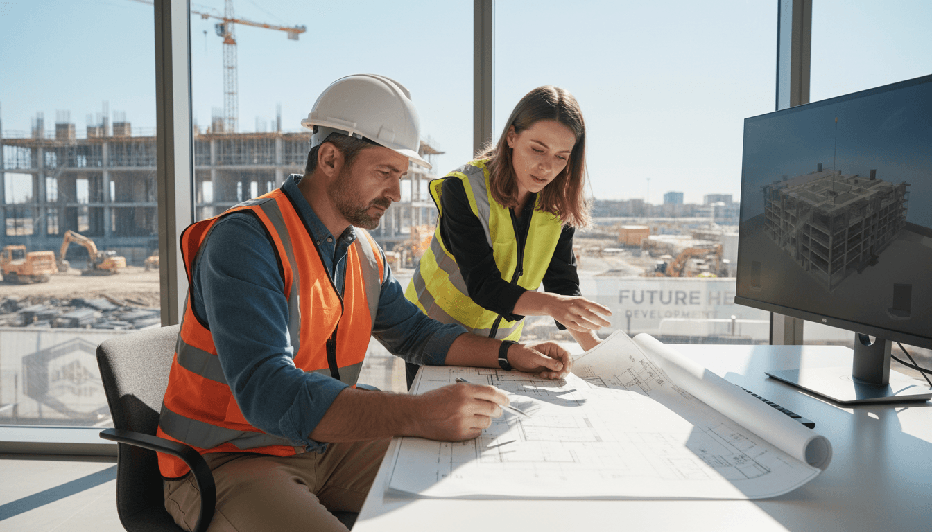 Contractor reviewing project plans in an office with construction visible in the background